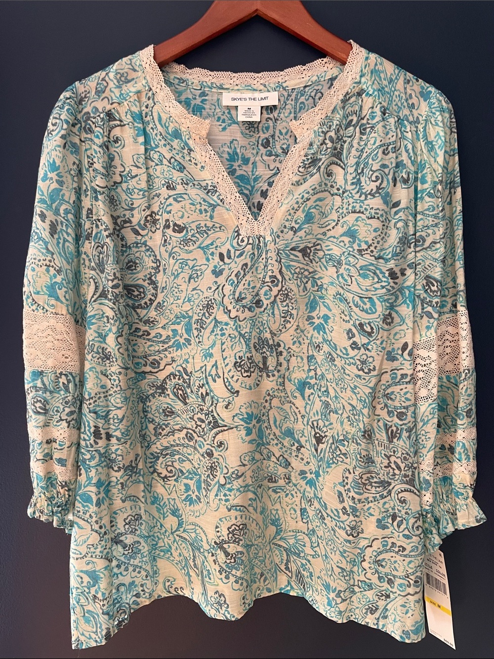 Skye's the Limit Teal and Cream Paisley Lace-Trim Blouse
